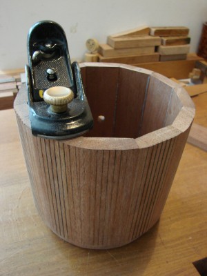 Building Bongos, Flattening top of shell with Block Plane.JPG